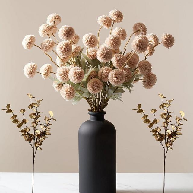 Beige Flowers Artificial + Eucalyptus, Fake Mums Long Stem Flowers, Tan Nude Cream Neutral Flowers For Decorations, Pom Pom Faux Kiku Flower bulk, silk flowers Mini Chrysanthemum Floral Arrangements