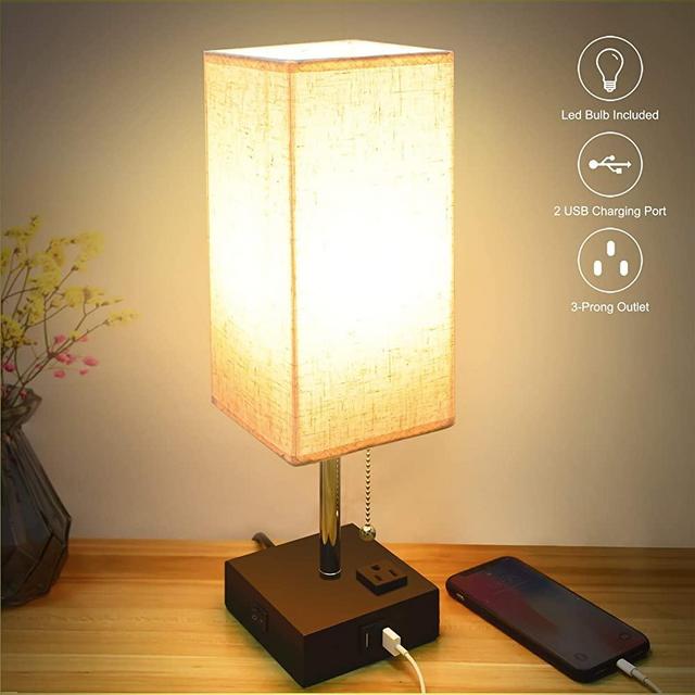 USB Table Lamp, Sailstar Bedside Lamps with Fast Dual USB Charging Ports and Outlet & Warm LED Bulb, Modern Nightstand Lamp with Black Base and Fabric Shade for Bedroom, Living Room, Office