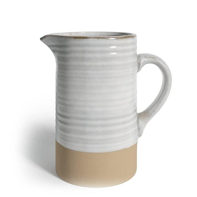 Barnyard Designs Ceramic Stoneware 1.5 Quart Pitcher with Handle, Vintage Farmhouse Style Milk Jug or Flower Vase, Home Decor Table Decoration, Ivory/Tan, 7” x 7.25”