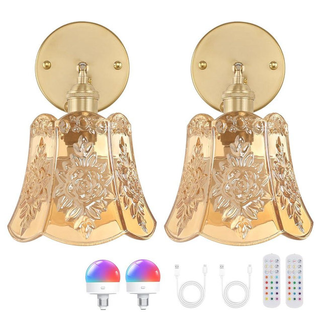 Shenmoyl Vintage Battery Operated Wall Sconces Set of Two, Wireless Battery Powered Rose Wall Sconce with Remote Control, RGB Dimmable LED Wall Light for Bedside Bedroom Living Room (Amber)