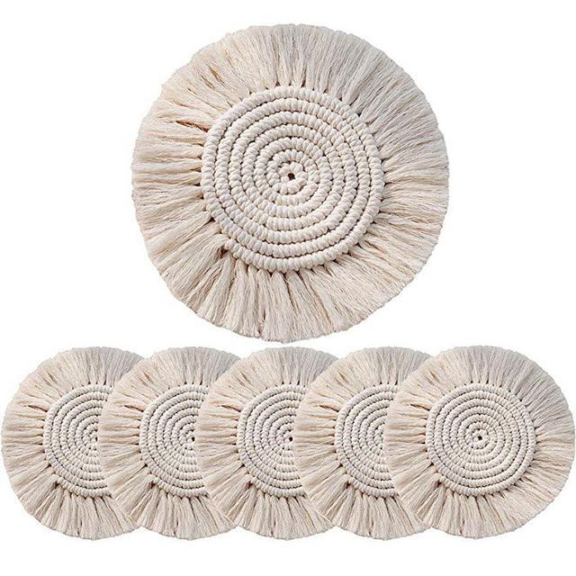 Jullya Coasters for Drinks,6 Pack Boho Coasters,Macrame Coasters with Tassels,Table Decor Bohemian Braided Coasters,Coaster Set for Home,Office and Bar,Housewarming Gift,6 Pack