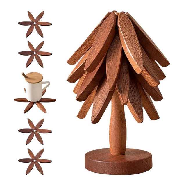 Wooden Trivets for Hot Dishes - Tree Shape Trivet Set - 4 Wooden Trivets + 1 Stand - Stackable Christmas Tree Design (Walnut Wood)