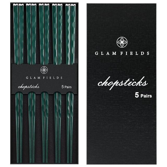GLAMFIELDS 5 Pairs Chopsticks Reusable, Premium Fiberglass Chop sticks Dishwasher Safe for Sushi Ramen, Non-slip, 9 1/2 inches - Gift Set Green with Silver Plated