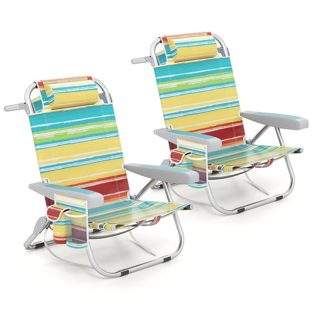 Giantex 2-Pack Backpack Beach Chair - Foldable Camping Chair with 5 Adjustable Position, Cup Holder, Storage Pockets, Straps, Towel Rack, Pillow, Lay Flat Lawn Chair for Patio Outdoor, Color Stripe