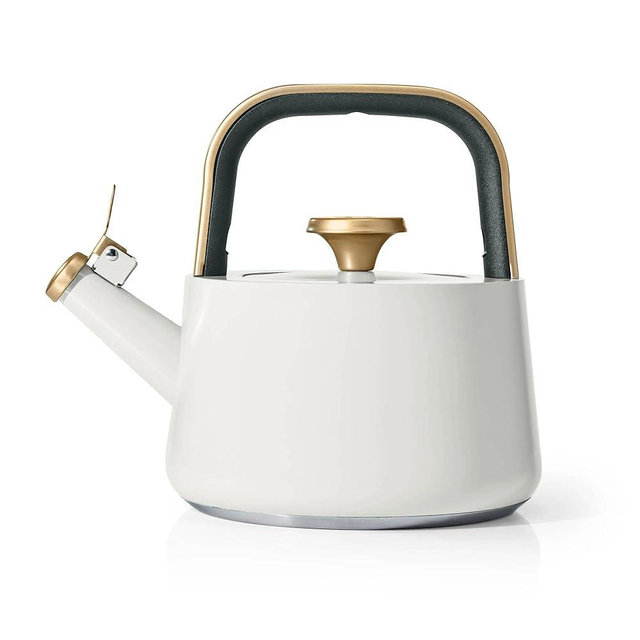 Beautiful 1.8L Ceramic Stovetop Tea Kettle, Non-Stick Interior, Cool Touch Handle, Whistle Alert, White Icing by Drew Barrymore, Durable Enamel Coating, Fast Heating, Ergonomic Spout, PFOA & PTFE-Free