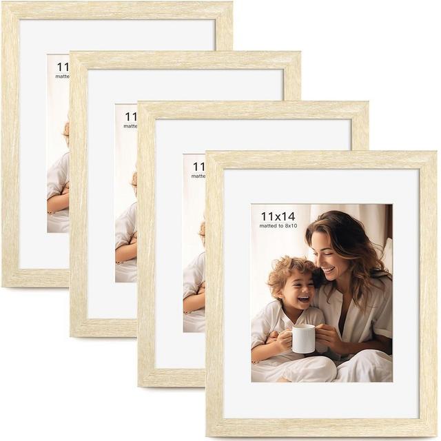 FinalFind 11x14 Picture Frame with Mat for 8x10, Set of 4 Natural Wood Grain 11 x 14 Frames for Horizontal &Vertical Wall Mounting (4 Pack,Natural)
