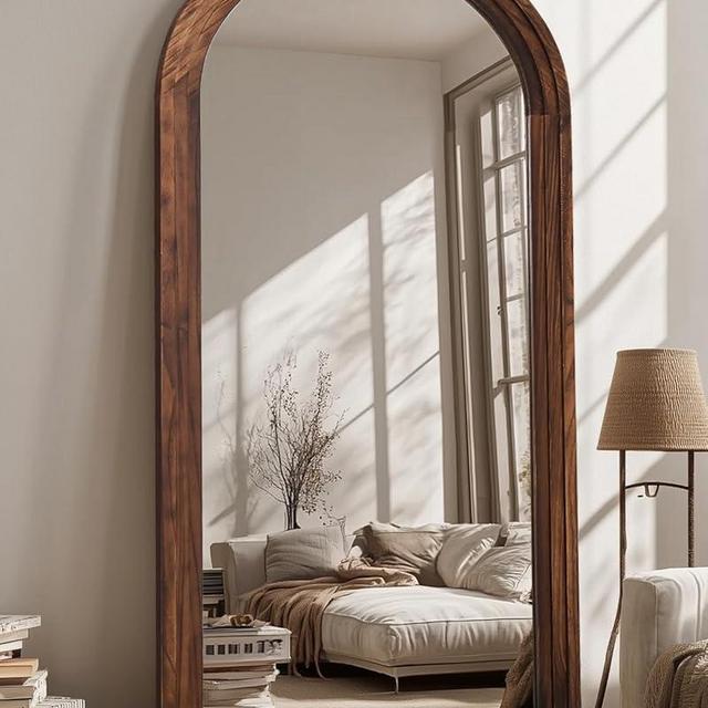 Coomily Full Length Mirror, 76"×34" Wooden Mirror Full Length with Stand Wood Floor Mirror, Oversized Stand Up Mirrors Large Wall Mirrors, Wall Mounted Mirrors, Arched Vintage Style, Walnut