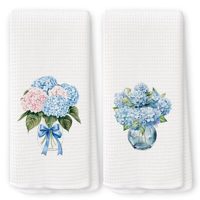 QZQE Blue Hydrangea Bow Kitchen Towels Set of 2, Blue and White Hydrangea Floral Dish Tea Towels for Kitchen, Preppy Coquette Flower Decorative Hand Towel 16x24 Inch