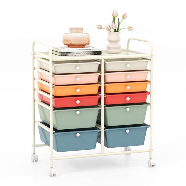 GOFLAME 12-Drawer Rolling Storage Cart, Multipurpose Organizer with 2 Sizes Plastic Drawers, Mobile Utility Cart with Lockable Casters for Home, Office, Beauty Salon, School, Macaron Color