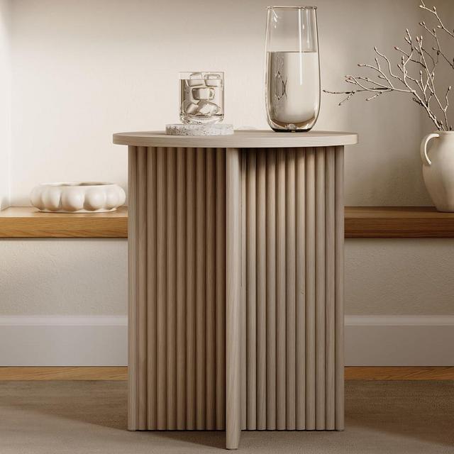 Round Fluted Accent Side Table - Pedestal Drink Table - Modern Home, Bedroom, and Living Room Furniture - Small Round End Table with Solid Wood X-Base and Wood Veneer Top (Weathered White)