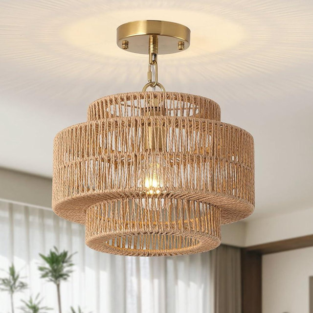 Giutna 12.4" Large Boho Rattan Farmhouse Chandeliers for Dining Room, Rattan Hand-Woven Rustic Drum Chandelier Pendant Light Fixture for Kitchen Island Bedroom Living Room Entryway Foyer