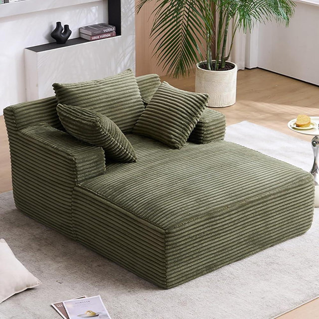 HRVEOCEI 49" Chaise Lounge Indoor, Oversized Chaise Lounge Chair with 3 Comfy Pillows for Living Room Bedroom, Wide Arms Corduroy Fabric High-Density Foam No Assembly Required (Sage Green)