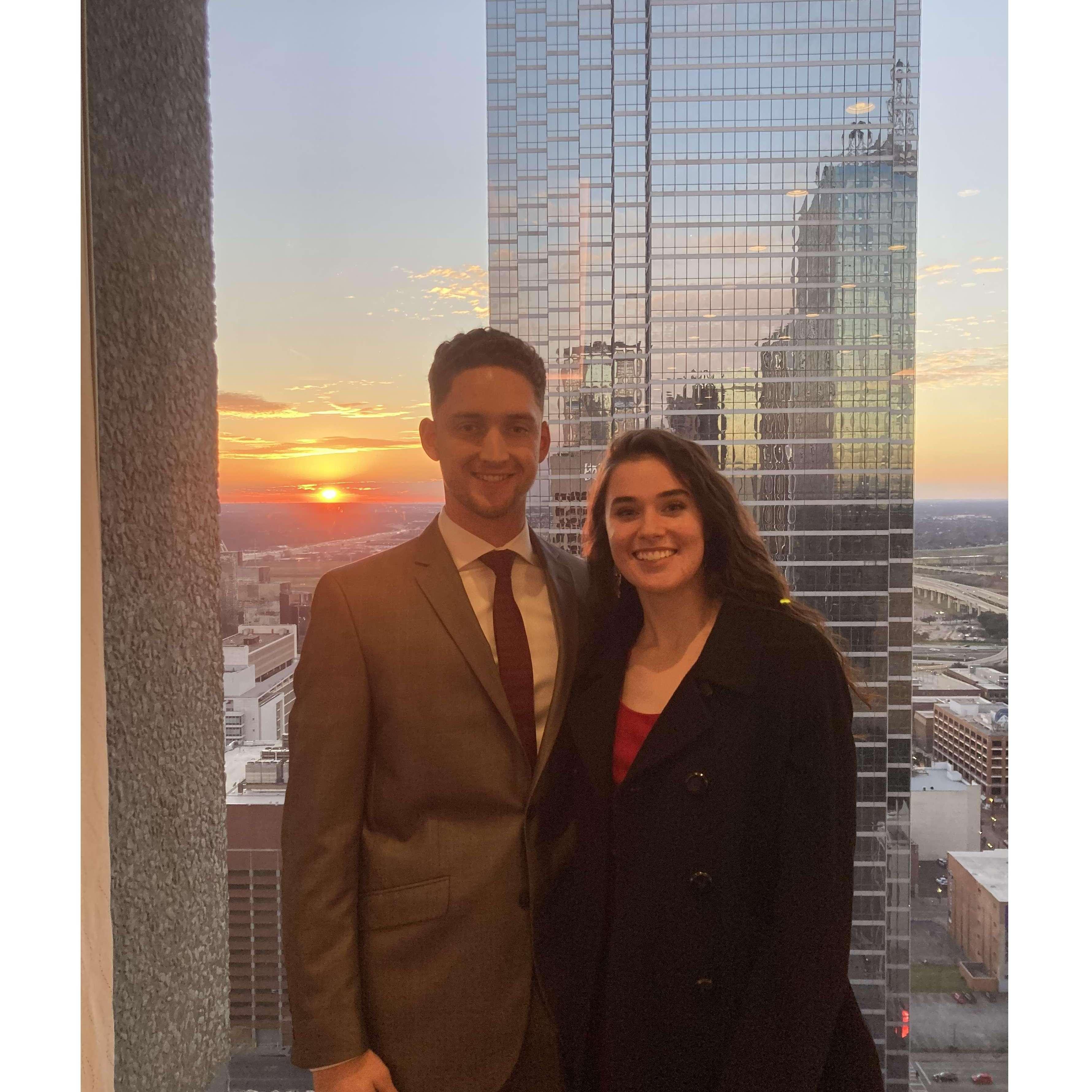 We went to our first wedding together on December 18, 2021. Shout out to Wes and Lily Fisher! ;) Behind us is some of the Dallas skyline.