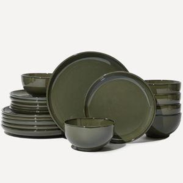18 Piece Dinnerware Set for 6, Reactive Glaze Terracotta Plates and Bowls Set, Large Family-Sized Stoneware Dish Set for Gatherings, Chip and Scratch Resistant, Blackish Green