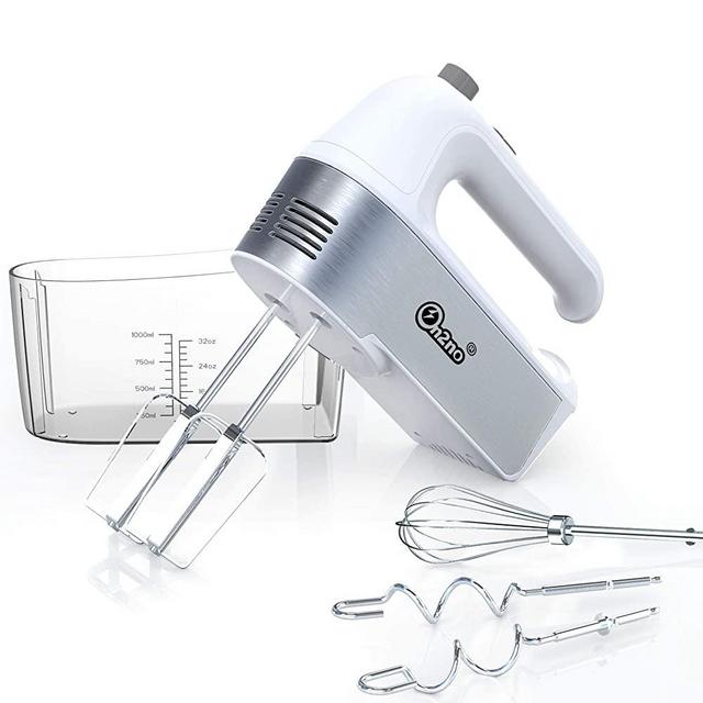 ON2NO Hand Mixer Electric, 450W Power Handheld Mixer with Turbo, Eject Button, 5-Speed Egg Beater Mixing for Dough, Egg, Cake, Cookie, 5 Stainless Steel Accessories (Whisk, Beaters, Dough Hooks) in Measuring Storage Case