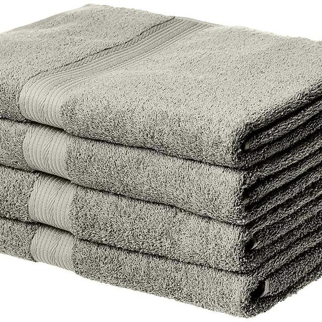 AmazonBasics Fade-Resistant Cotton Bath Towel - 4-Pack, Grey