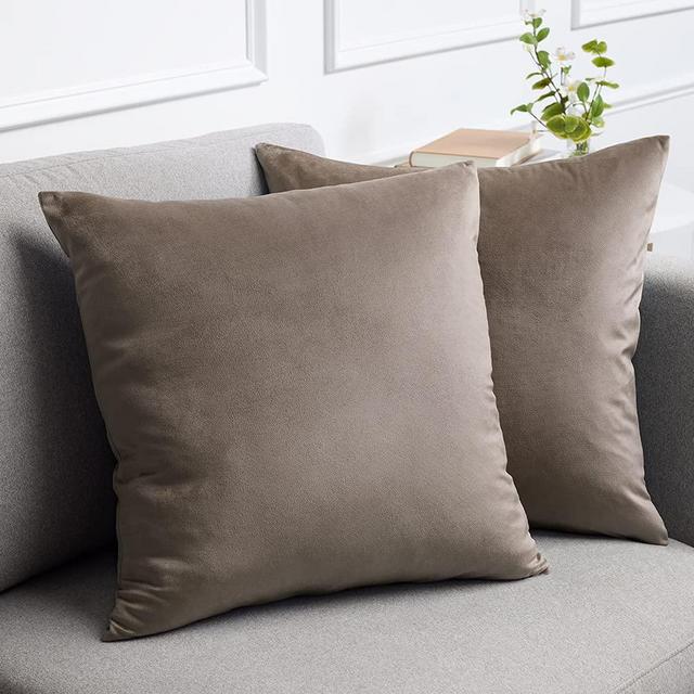 lalaLOOM Velvet Throw Pillow Covers, Set of 2 Decorative Square Pillows Home Decor, Soft Accent Cases, Silky Machine Washable Pillowcases for Sofa, Couch, Bedroom, Living Room, 16x16, Taupe