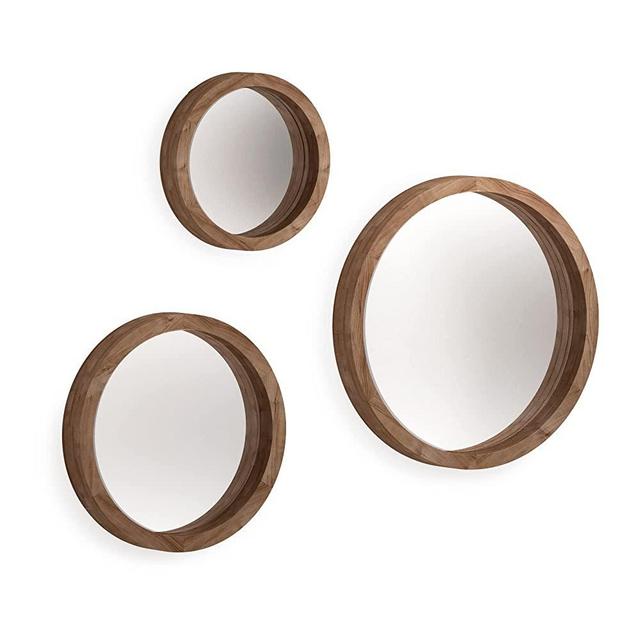 Modern Market Set of 3 (19.5"/15.5"/11.5") Decorative Round Wall Hanging Mirrors, Modern Art Deco Wall Decor for Home, Bathroom or Vanity, Contemporary Wood Frame Circle Mirror Set, Brown