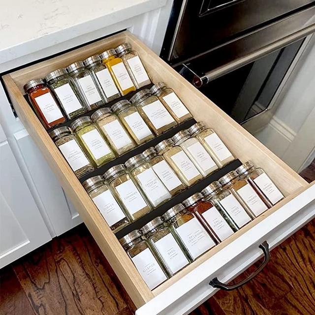 Spice Drawer Organizer for Drawers Wider Than 9 inches, Black Acrylic 4 Tier Seasoning Jars Drawers Insert, Kitchen Spice Rack Tray for Drawer/Countertop (Jars not included)