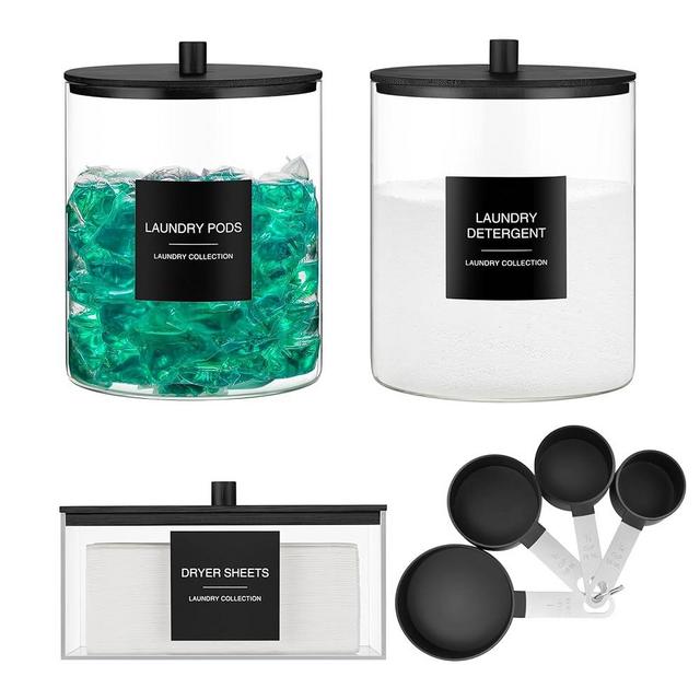 3 Pack Glass Jars and Acrylic Dryer Sheet Holder, Laundry Pods Container with Bamboo Lid and Measuring Cups for Laundry Room Organization, Powder Detergent Containers (Black)