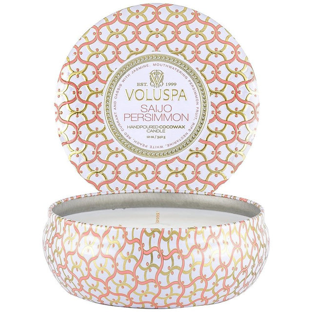 Voluspa Saijo Persimmon | 3 Wick Tin Candle | 12 Oz | 40 Hour Burn Time | All Natural Wicks and Coconut Wax for Clean Burning | Vegan