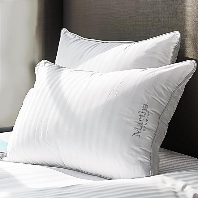 MARTHA STEWART Hotel Collection Pillow 500 Thread Count Damask Stripe Embroidered Feathers Medium Firm Hypoallergenic 100% Cotton, Queen Size Set of 2, White 2