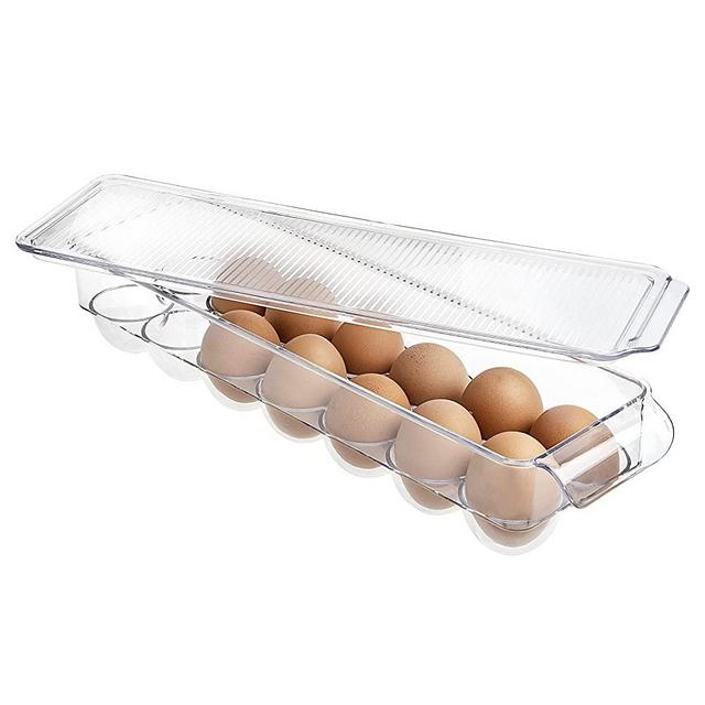 Clear Plastic Egg Holder - 14 Egg Tray Holder - Size 4" x 15" BPA Free Fridge Organizer with Lid, Refrigerator Storage Container - by SIMPLEMADE