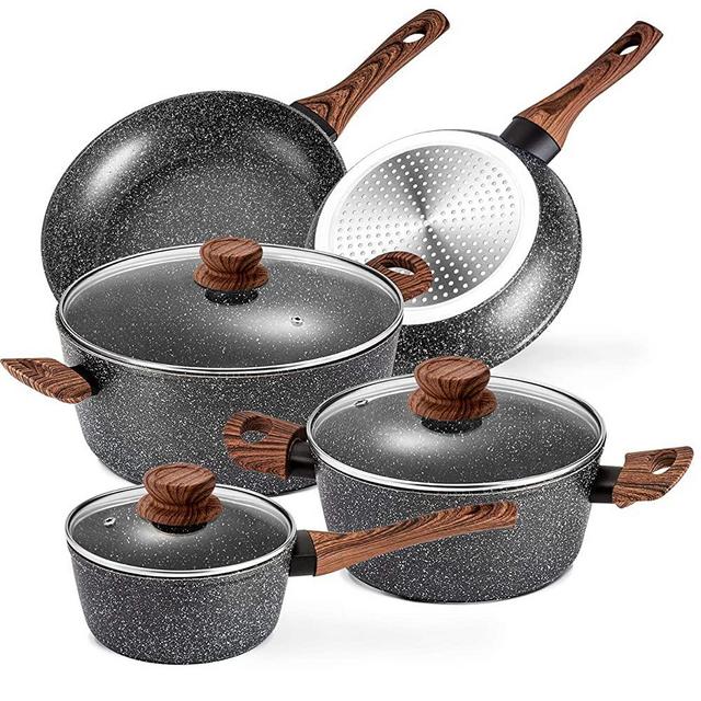 Prikoi Nonstick Cookware Set, Aluminum Kitchen Pots and Pans Set, Stovetop,Induction & Dishwasher Safe, 8 Piece, Black