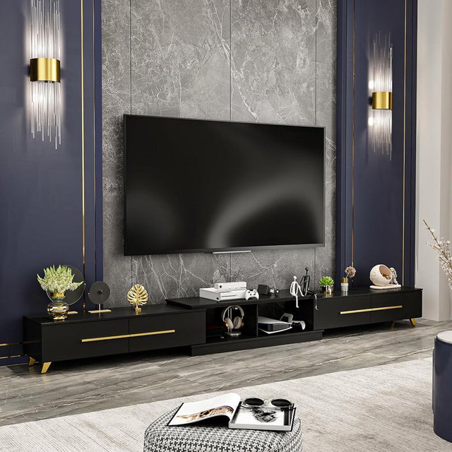AIEGLE Deformable TV Console in Stretch of 95"-134", Modern Extendable TV Stand with 4 Drawers for TVs up to 120", Wood Media Gaming Entertainment Center Stand, Black