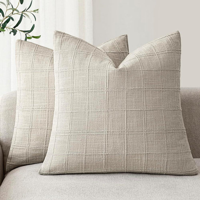 Foindtower Set of 2 Decorative Linen Check Throw Pillow Covers Neutral Farmhouse Vintage Cushion Covers Modern Boho Accent Home Decor for Sofa Chair Couch Bedroom Living Room,26×26 Inch,Light Grey