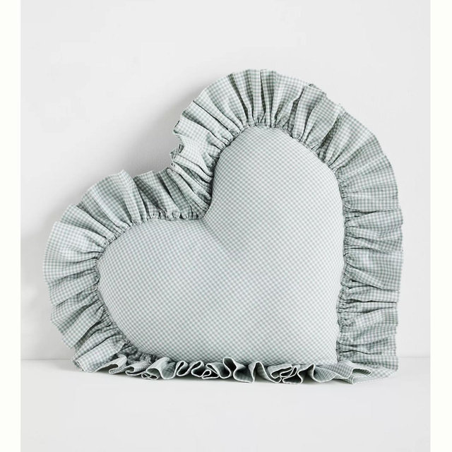 Gingham Cotton Ruffle Heart Pillow - Duck Egg, Shaped