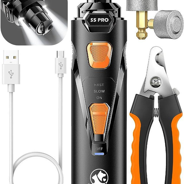 LOPSIC Dog Nail Grinder with 2 LED Lights Powerful 2-Speed Dog Nail Trimmers with 2 Grinding Wheels Super Quiet Rechargeable Pet Dog Nail Clipper Kit for Small Large Dogs Cats Nails Quick Grooming
