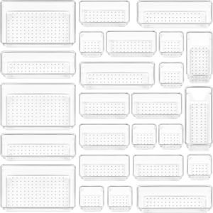 Vtopmart 25 PCS Clear Plastic Drawer Organizers Set, 4-Size Versatile Bathroom and Vanity Drawer Organizer Trays, Storage Bins for Makeup, Bedroom, Kitchen Gadgets Utensils and Office
