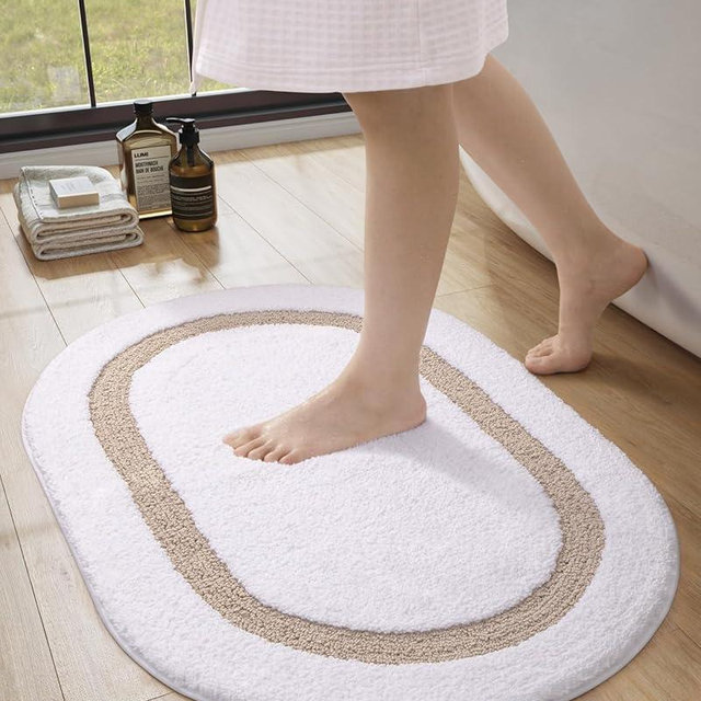 LUMI Bathroom Mat Oval Bathroom Rug, White Bath Mats Non Slip,Premium Water Absorbent Bath Mat, Ultra Soft Washable Bath Rugs for Bathroom,Bathtub,Bedroom,24"x36",White and Beige