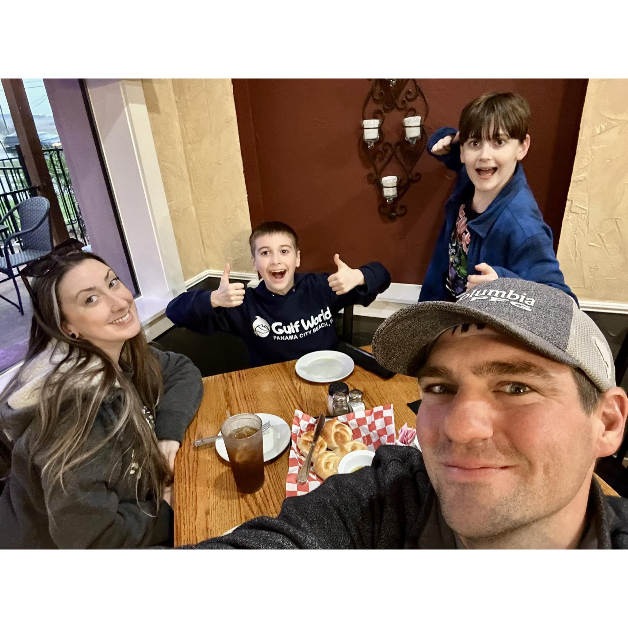 For Valentine's weekend in 2025, they made it out to Canyon Lake again. Keeping the boys quiet in a nice Italian restaurant on Valentine's night at dinner time proved to be difficult!