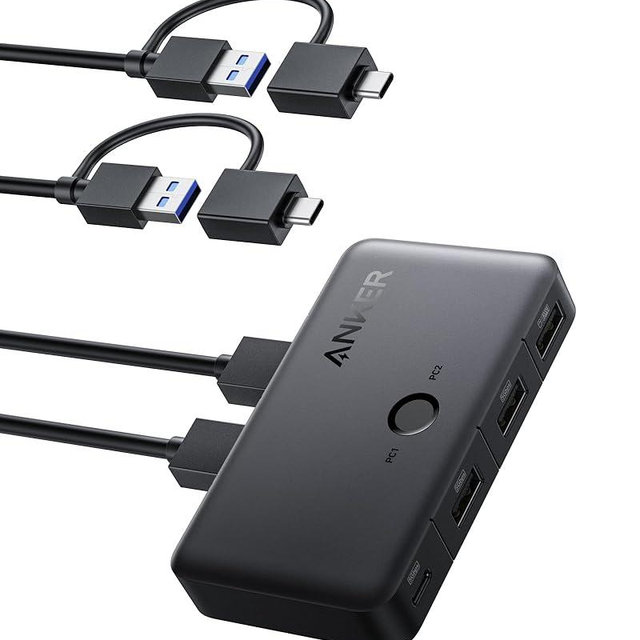 Anker USB 3.0 Switch, Easy One-Click Device Switching for 2 Laptops or Desktops, 3 USB-A Ports, 5Gbps Data Transfer, Compatible with Windows, macOS, Linux