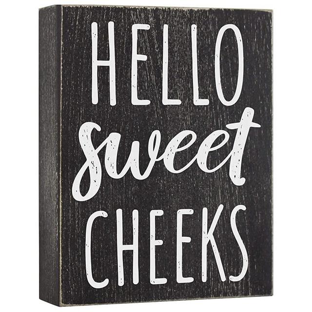 Hello Sweet Cheeks Wood Sign - Farmhouse Bathroom Decorations - 6x8 Wooden Box Plaque Decor with Funny Saying