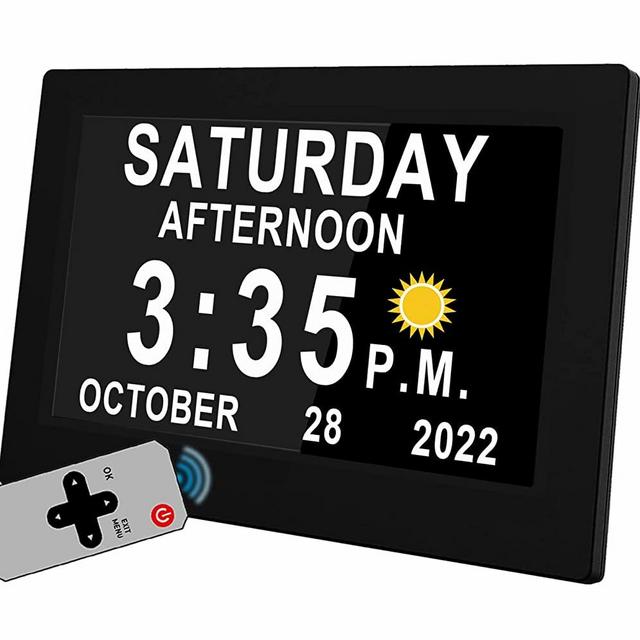 MASSII 19 Alarms Digital Clock with Sun Moon Icons, Custom Reminders and Calendar Clock, Day Date Clock for Impaired Vision, Seniors Dementia Alzheimers' Clock- 7 Inch with Remote Control