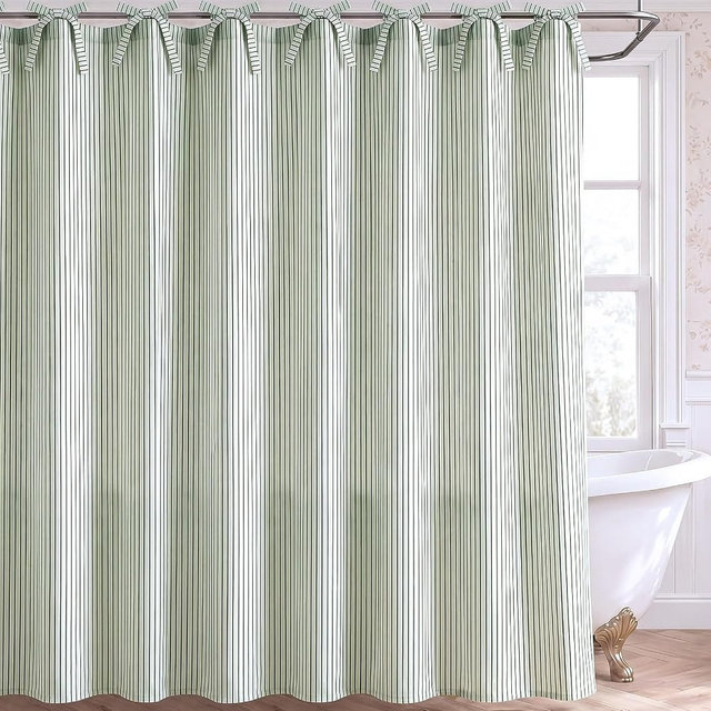 Fanfanwin Sage Green Striped Shower Curtain, 72x72 Inches Linen Blend Shower Curtain Boho No Hook Tie-top Washable Fabric Curtains for Traditional Contemporary Bathrooms, Bedrooms, Classrooms, Offices