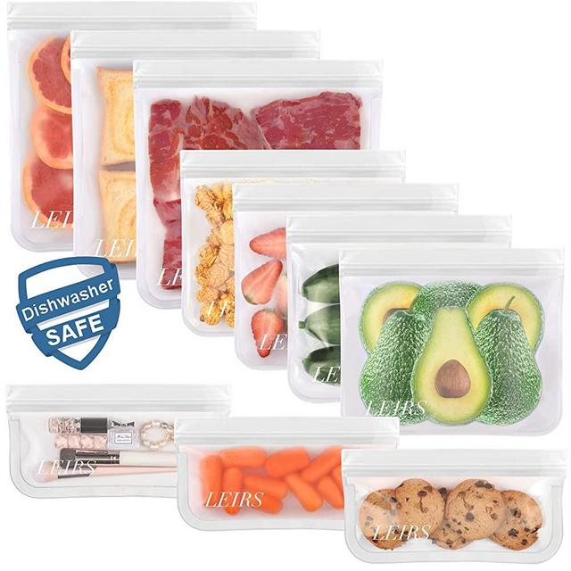 Dishwasher Safe Reusable Storage Bags, 10 Pack BPA Free Extra Thick Reusable Freezer Bags (4 Sandwich Bags, 3 Kids Snack Bags, 3 Leakproof Gallon Reusable Bags) Perfect for Picnics Travel Home, White