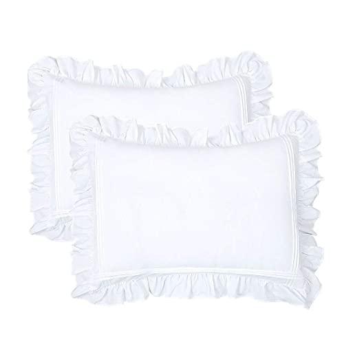 Ruffled Pillow Shams King White Shabby Chic Set of 2 Farmhouse Pillowcases Country French Rustic Pretty Cute Vintage Victorian Princess Frilly Lace Large Pillow Cover Cotton 20x36