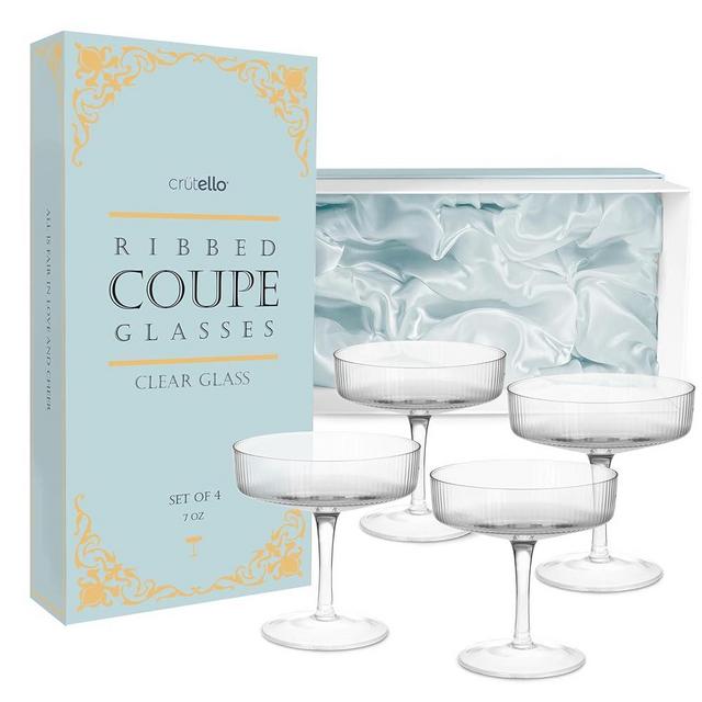 Crutello Champagne Coupe Glasses Set of 4, Classic 7oz Vintage Cocktail Glass, Ribbed Fluted Glassware for Champagne, Martini, Manhattan, Cosmopolitan, Spritz & Frozen Drinks