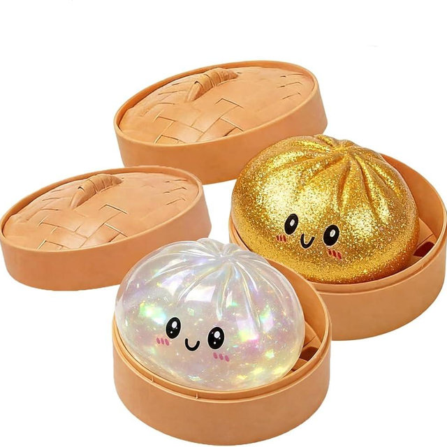 Giant Dumpling Squishy, 2026 Soft Dumpling Stress Ball with Steamer Box, Easter Gift Squeeze Stress Relief Sensory Figure Decor for Desk Office Home Relaxation (White+Gold)