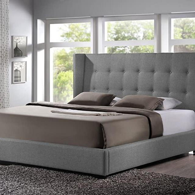 Baxton Studio Favela Linen Modern Bed with Upholstered Headboard, King, Grey