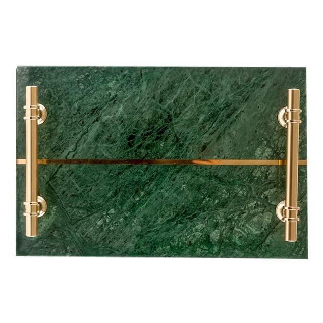 StonePlus Natural Luxury Marble Tray, Bathroom Vanity Tray, Cosmetics Jewellery Perfume Tray with Metal Handles (Dark Green)