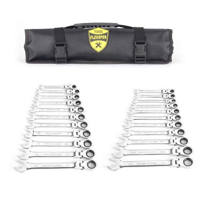 22-Piece Flex-Head Ratcheting Wrench Set，Metric & SAE Chrome Vanadium Steel Hand Combination Wrench Spanner with Portable Carrying Bag (Flex Head Ratchet Wrench)