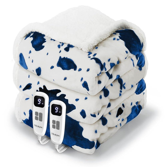 blunique Cow Print Electric Heated Blanket Queen-Dual Control Heating Blanket Queen Size with 10 Heat Levels & 10 Hours Auto-Off, Cozy Soft Fleece Sherpa, Washable, 84x90 Inche Cow Print Blue