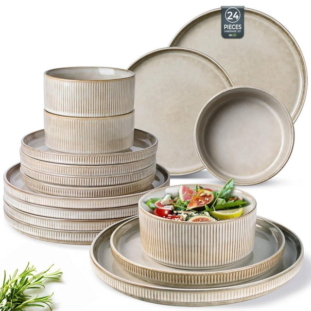 GBHOME Stoneware Dinnerware Sets for 8,Round Reactive Glaze Ceramic Plates and Bowls Set,Highly Chip and Crack Resistant | Dishwasher & Microwave Safe Dishes Set,Service for 8(24pc)