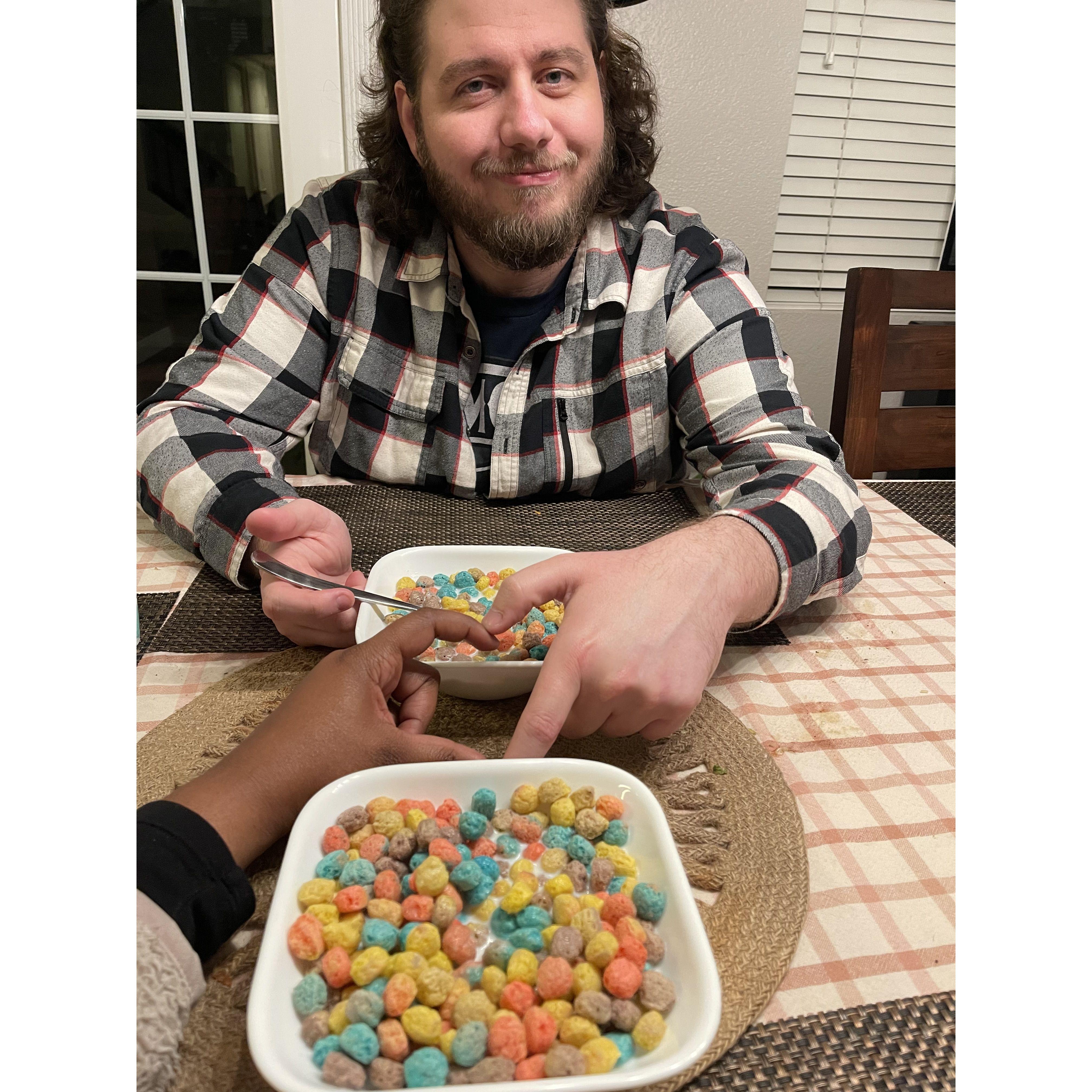 Us being a couple of saps over a bowl of Capn Crunch.