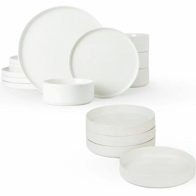 Famiware Nebula Plates and Bowls Set for 4, 16 Pieces Dinnerware Sets, 8.75" Pasta Bowls for Serving, White